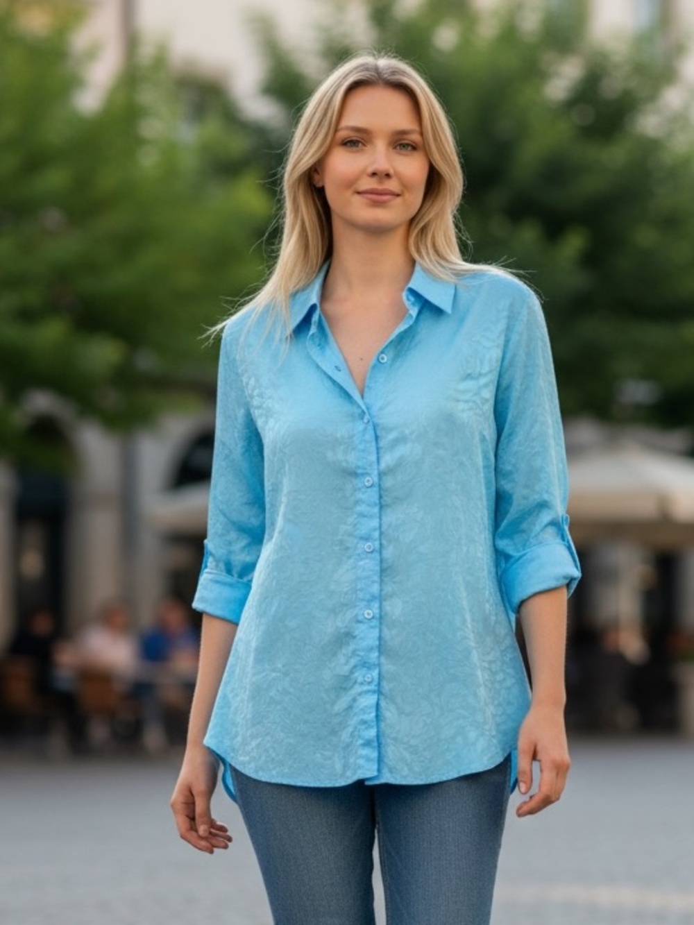 Studio SW Works Women's Blue Button Up Blouse